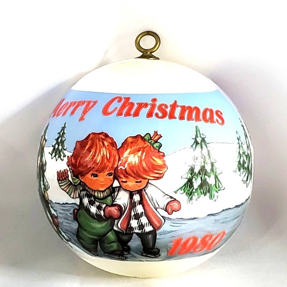 VTG Hummelwerk 1980 Redhead Skaters Satin Christmas Ornament